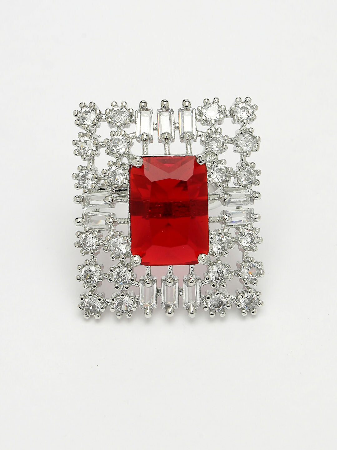 NVR Women's Red & Silver CZ-Studded Square-Shaped Adjustable Finger Ring