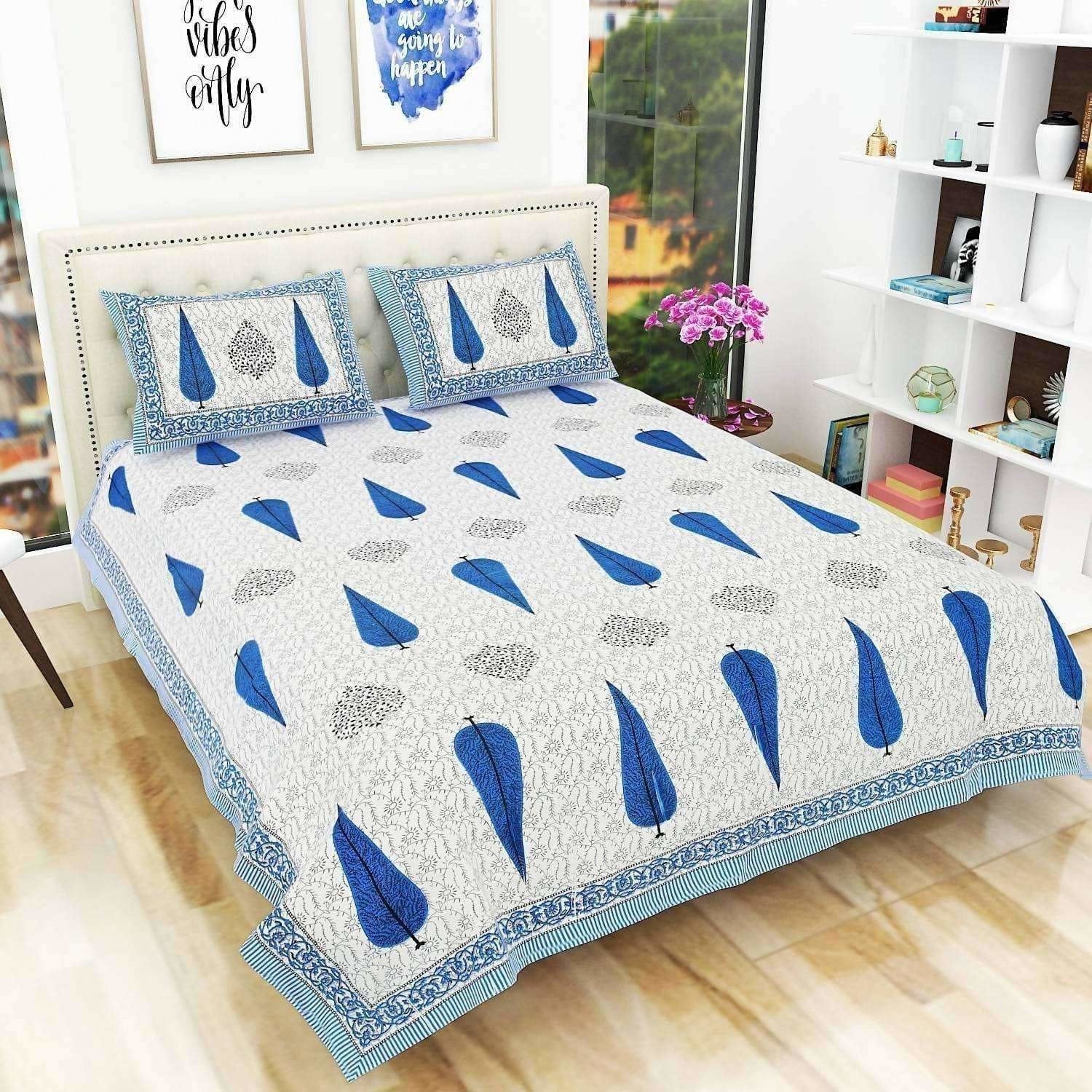 Queen Size 90x108 Inches Jaipuri Sanganeri Print Flat Bed Sheet Bedspread with 2 Pillowcases