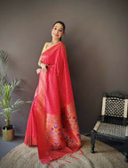 Joban Fashion Hot Pink Jacquard Butti Soft Lichi Silk Paithani Saree - Distacart