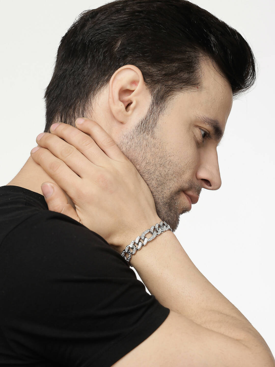 NVR Men Silver-Plated Stainless Steel American Diamond Studded Link Bracelet - Distacart