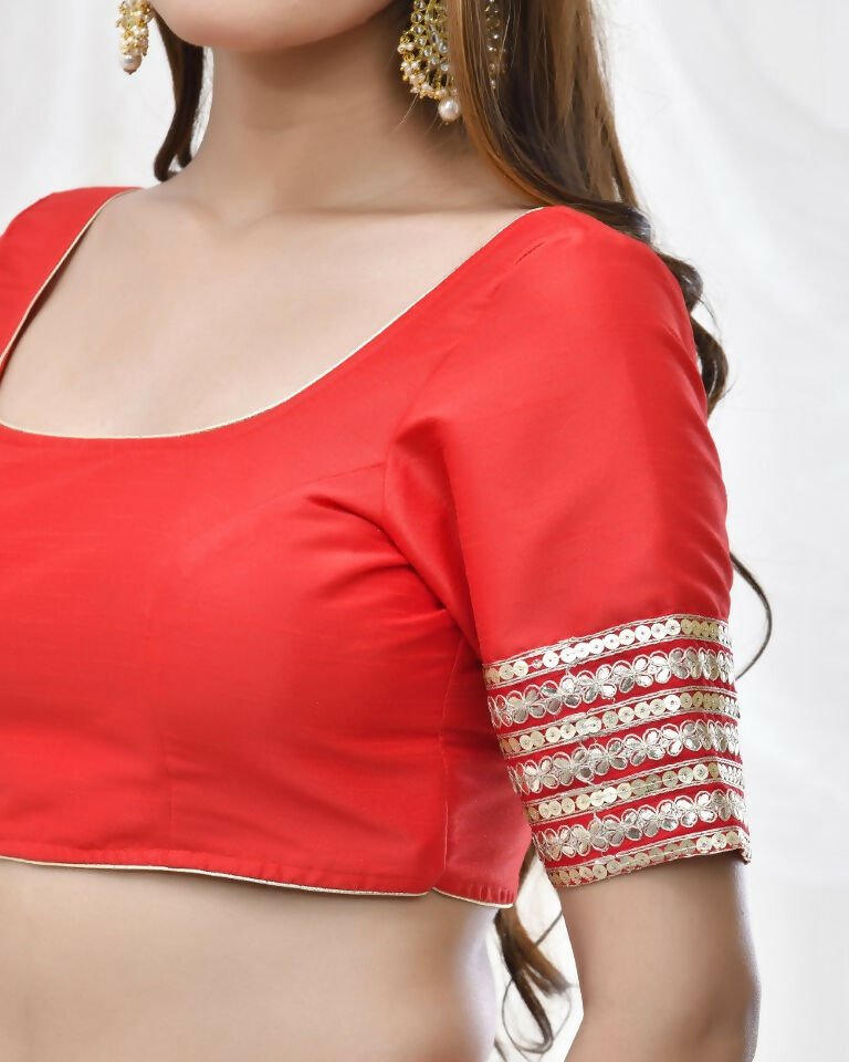 Amodini Designer Studio Red Blouse with Embellished Thread Embroidery Sleeves