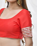 Amodini Designer Studio Red Blouse with Embellished Thread Embroidery Sleeves