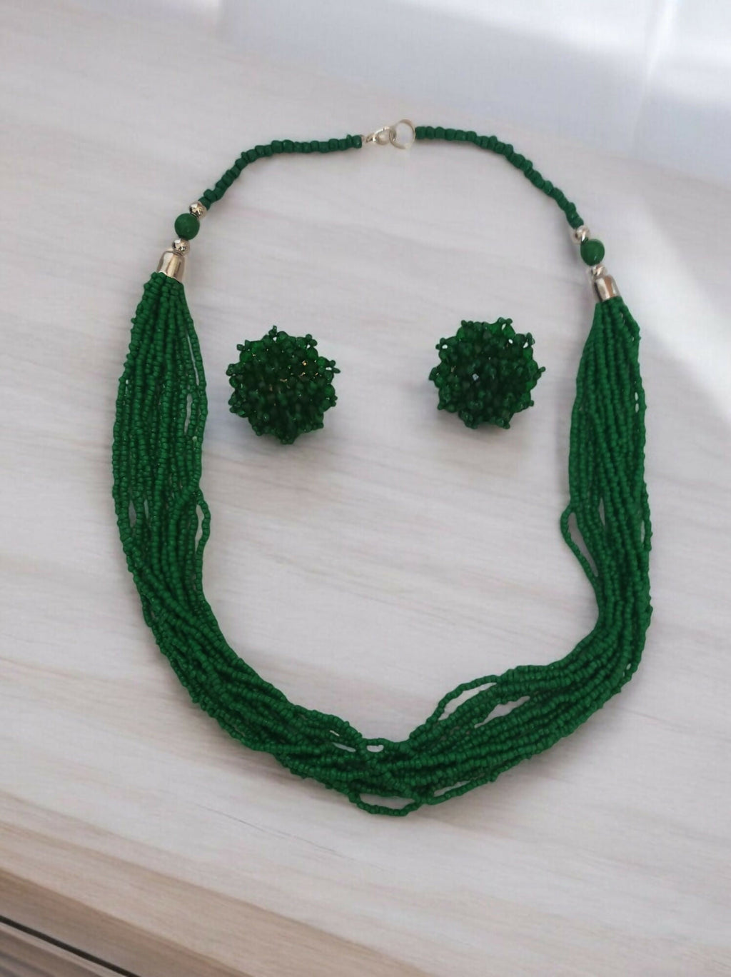 Inhanns Bloom Handmade Beaded Necklace With Earrings - 12 Layers - Darkgreen Necklace Set