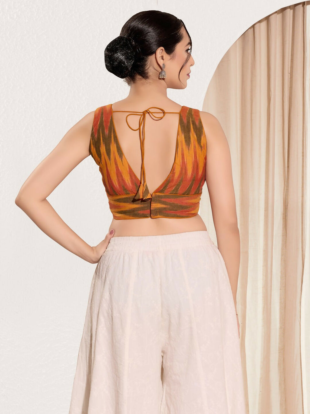 Joban Fashion Mustard Ikat Silk Padded Blouse With V Neck Sleeveless - Distacart