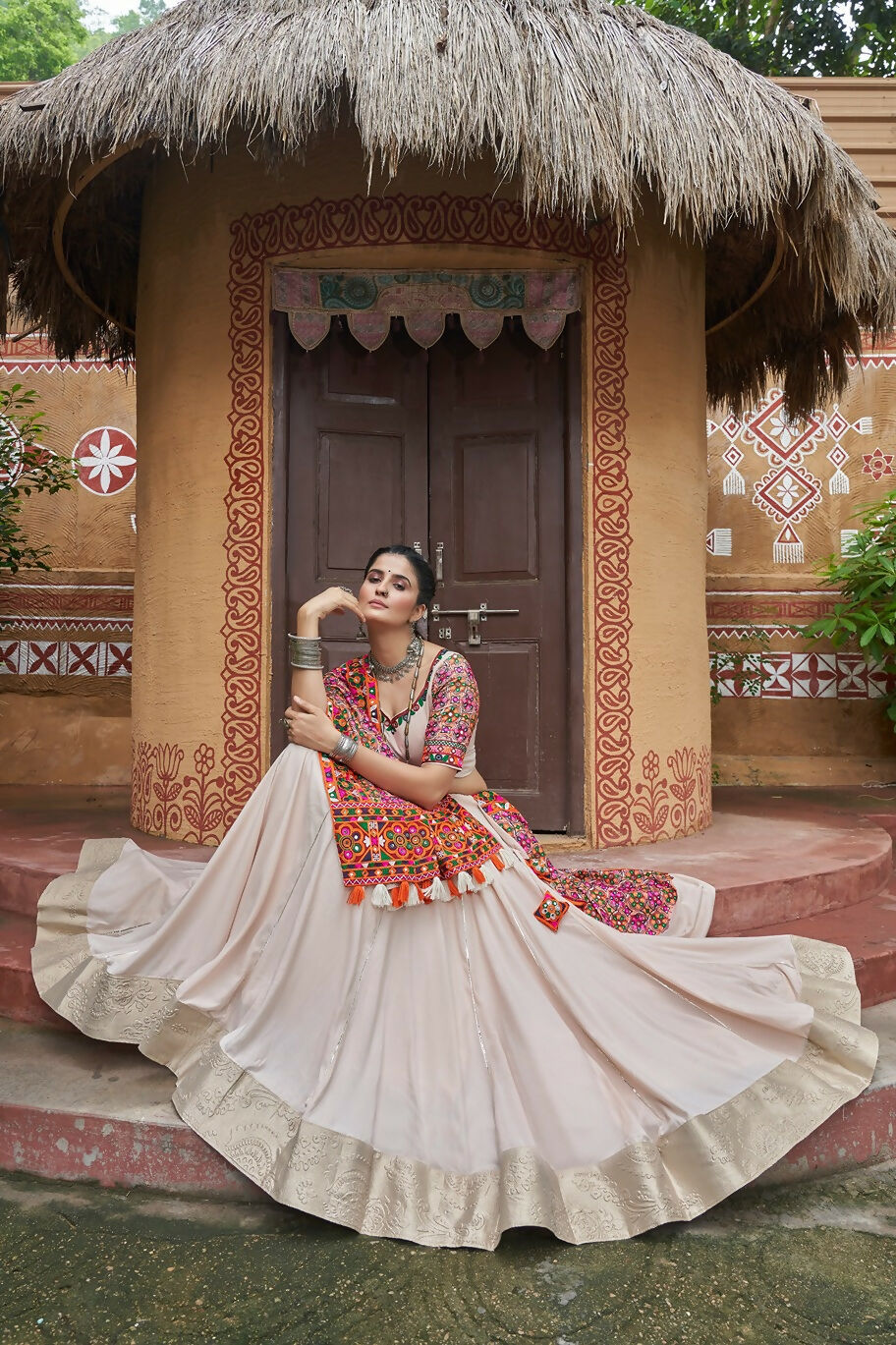 AI Fashion Beige Viscose Rayon Designer Navratri Lehenga Choli Collection