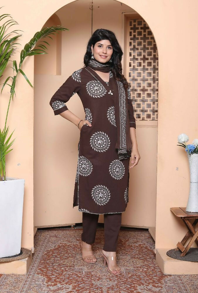 Miravan Womens Animal Print Cotton Brown Stitched Kurta Palazzo With Dupatta Set - Distacart