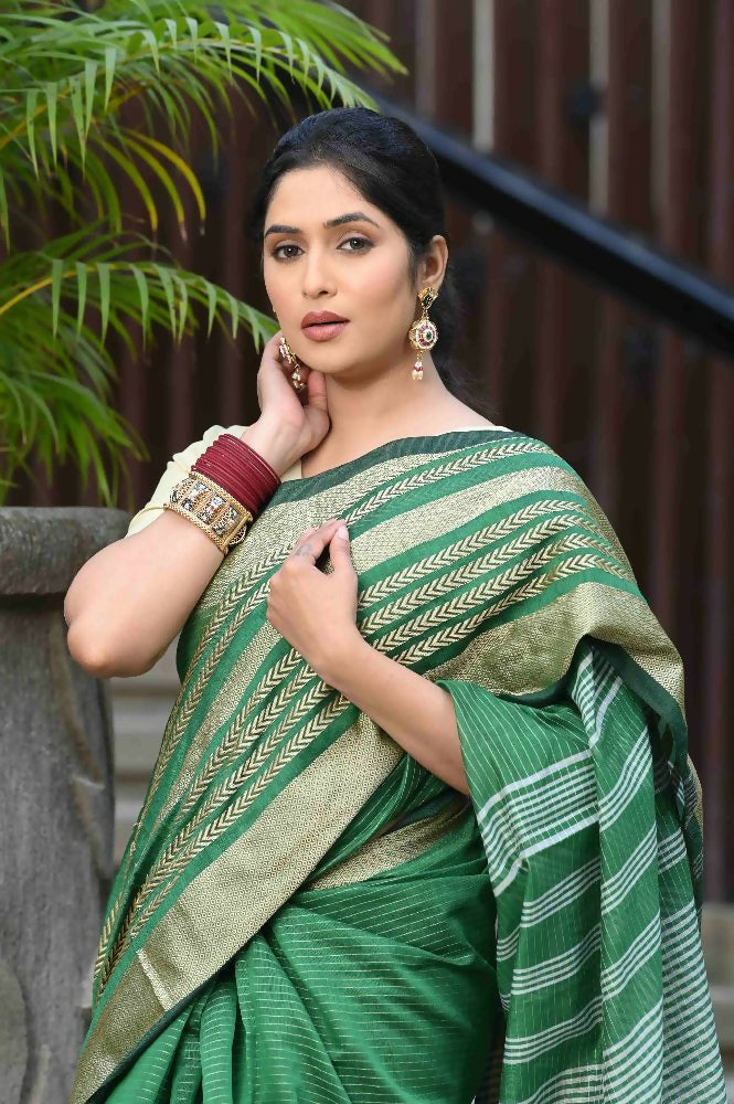 Beatitude Green Cotton Stripes Border Handloom Saree