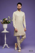Raivat Ethnic Art Banarasi Silk Thread Work Kurta Pajama In Beige Colour