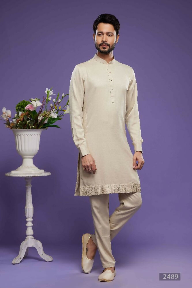 Raivat Ethnic Art Banarasi Silk Thread Work Kurta Pajama In Beige Colour