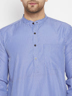 Even Apparels Blue Pure Cotton Long Men's Kurta With Band Collar - Distacart