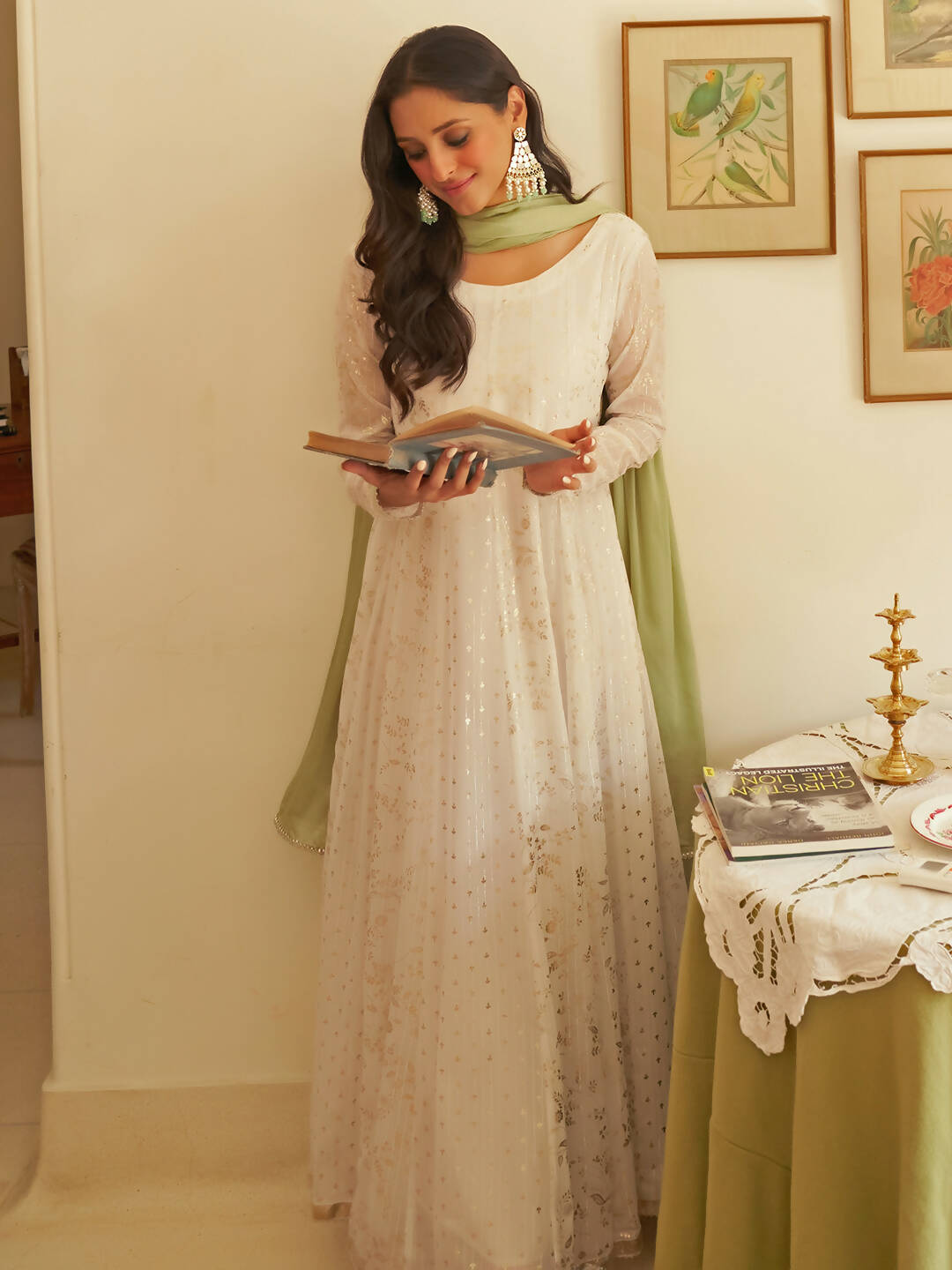Janasya Women's White Chiffon Lurex Foil Printed Festive Anarkali Kurta Set