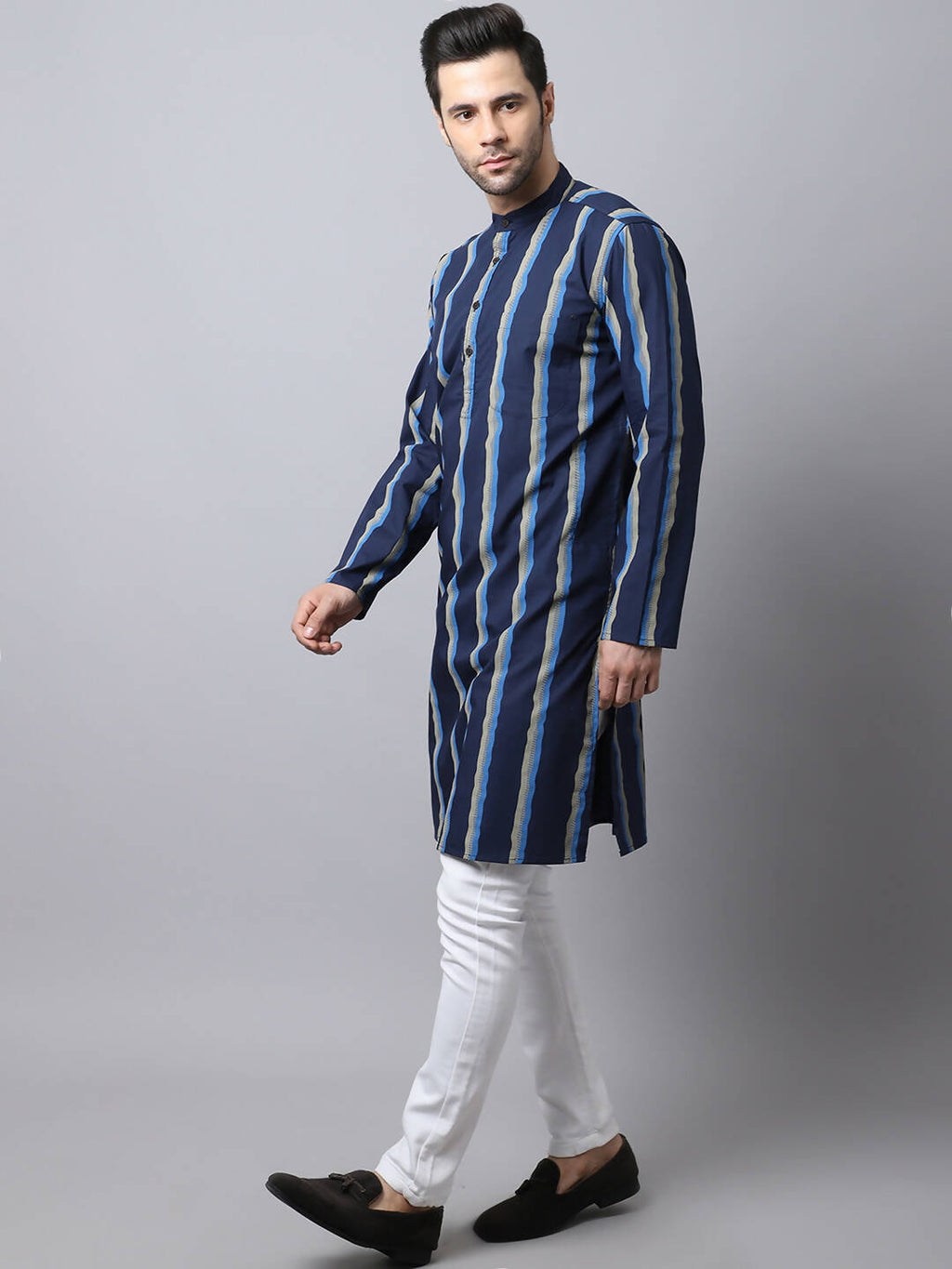 Even Apparels Navy Pure Cotton Men's Kurta With Band Collar - Distacart