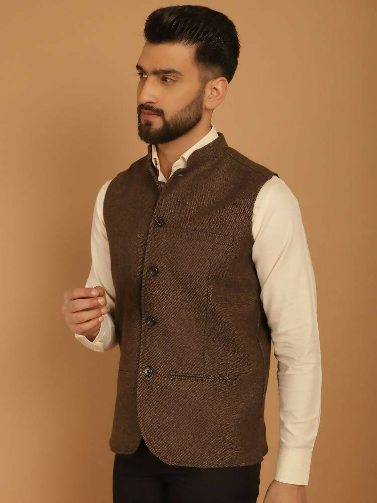 Even Apparels Pure Wool Nehru Jacket - Brown