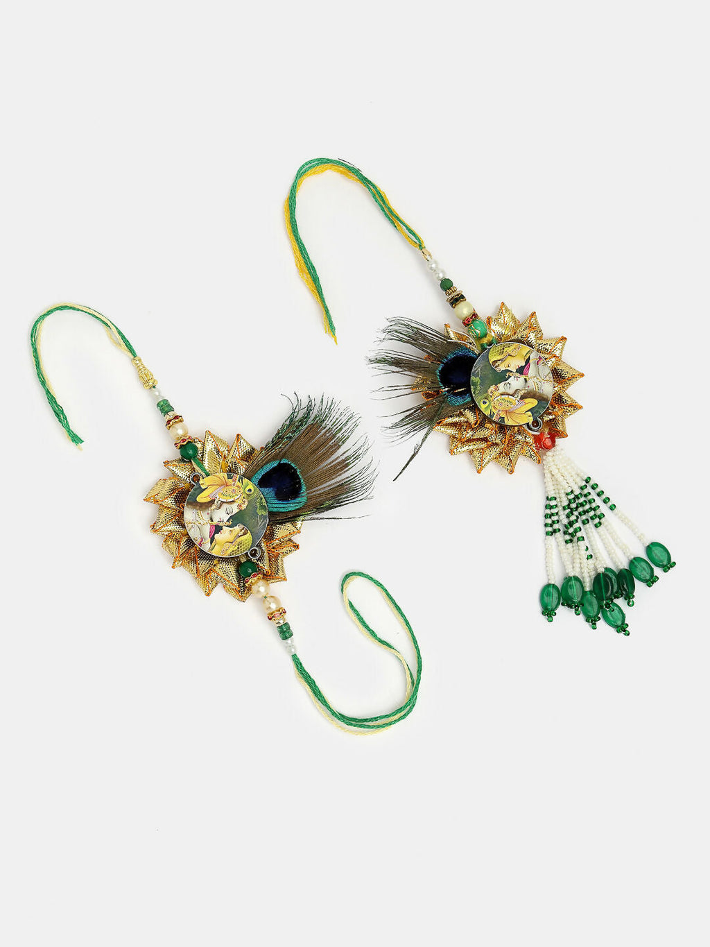NVR Women & Men Set of 2 Green Radha Krishna Beaded Bhaiya Bhabhi Rakhi With Roli Chawal - Distacart