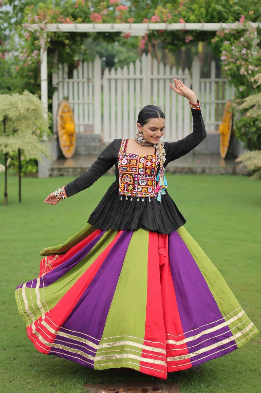 Teeya Creation Multi Colour Reyon Silk Gamathi Work Navratri lehenga Choli
