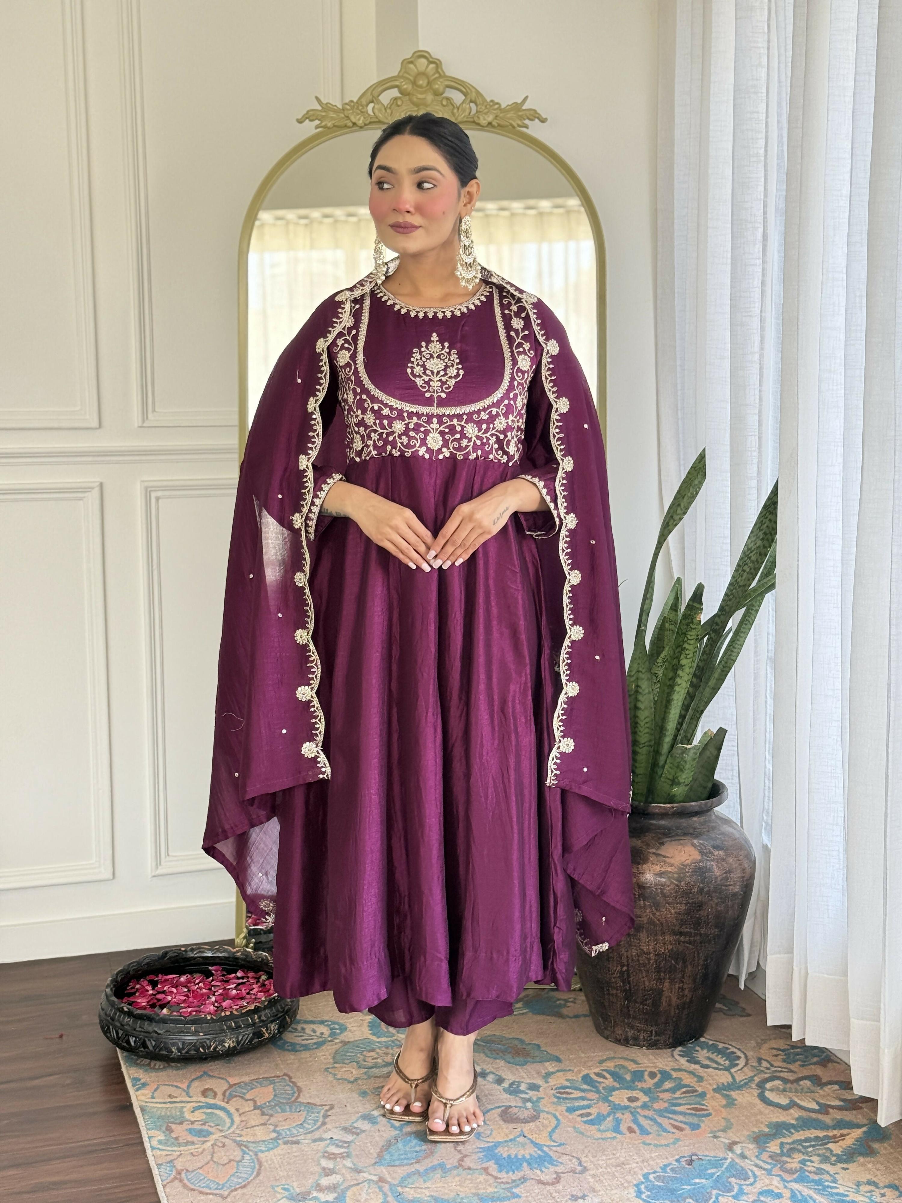 The52 Purple Women's Gorgeous Embroidered Vichitra Silk Fabric Flared Kurta Pant with Dupatta Set - Distacart