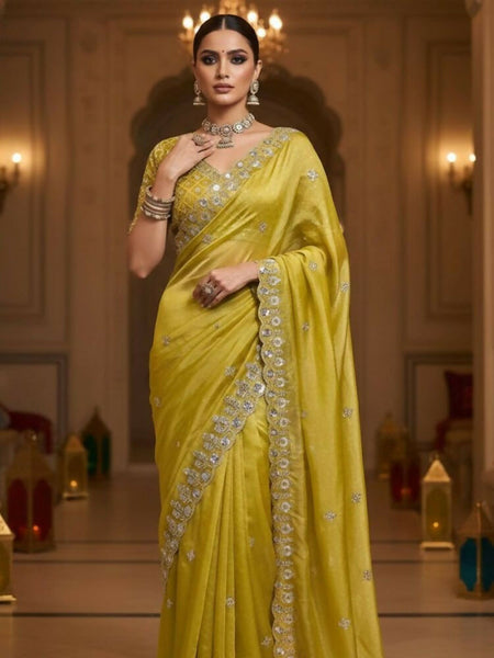 Joban Fashion Yellow Fandy Satin Silk Party Wear Sarees