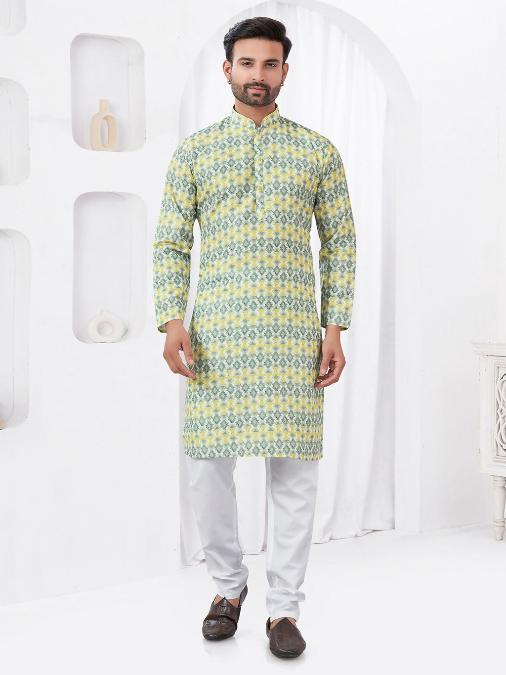 Joban Fashion Men's Rayon Cotton YELLOW Printed Kurta Pyjama set