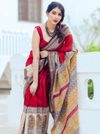 Zibaa Hand-Blocked Pure Maheshwari Silk Red Saree - Distacart