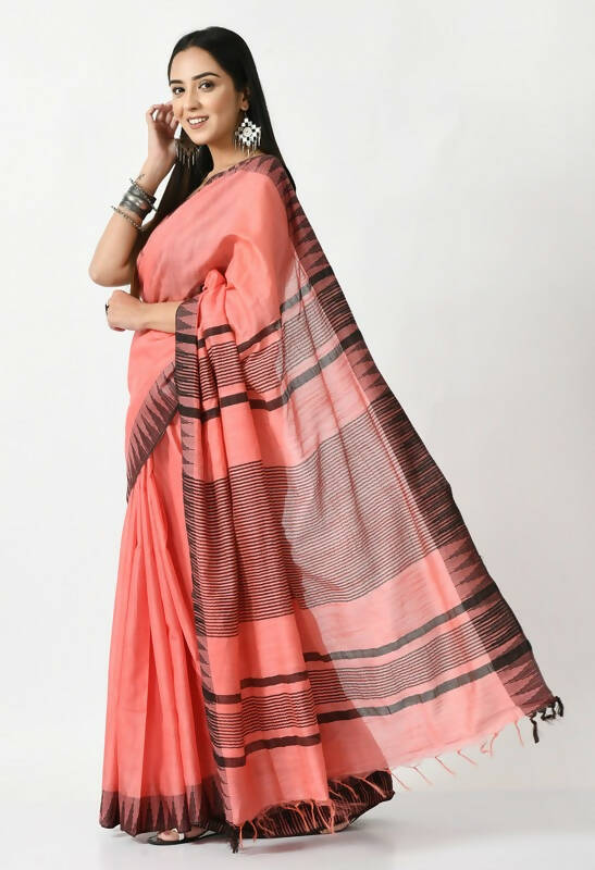 Mominos Fashion Moeza Gajari Pink Bhagalpuri Handloom Silk Black Temple Border Saree with unstitched Blouse piece - Distacart