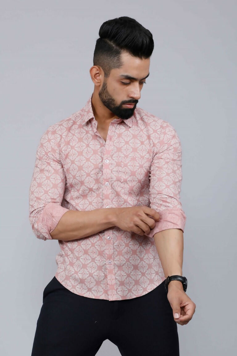 Miravan Men's Pink Pure Cotton Floral Print Slim Fit Casual Shirt