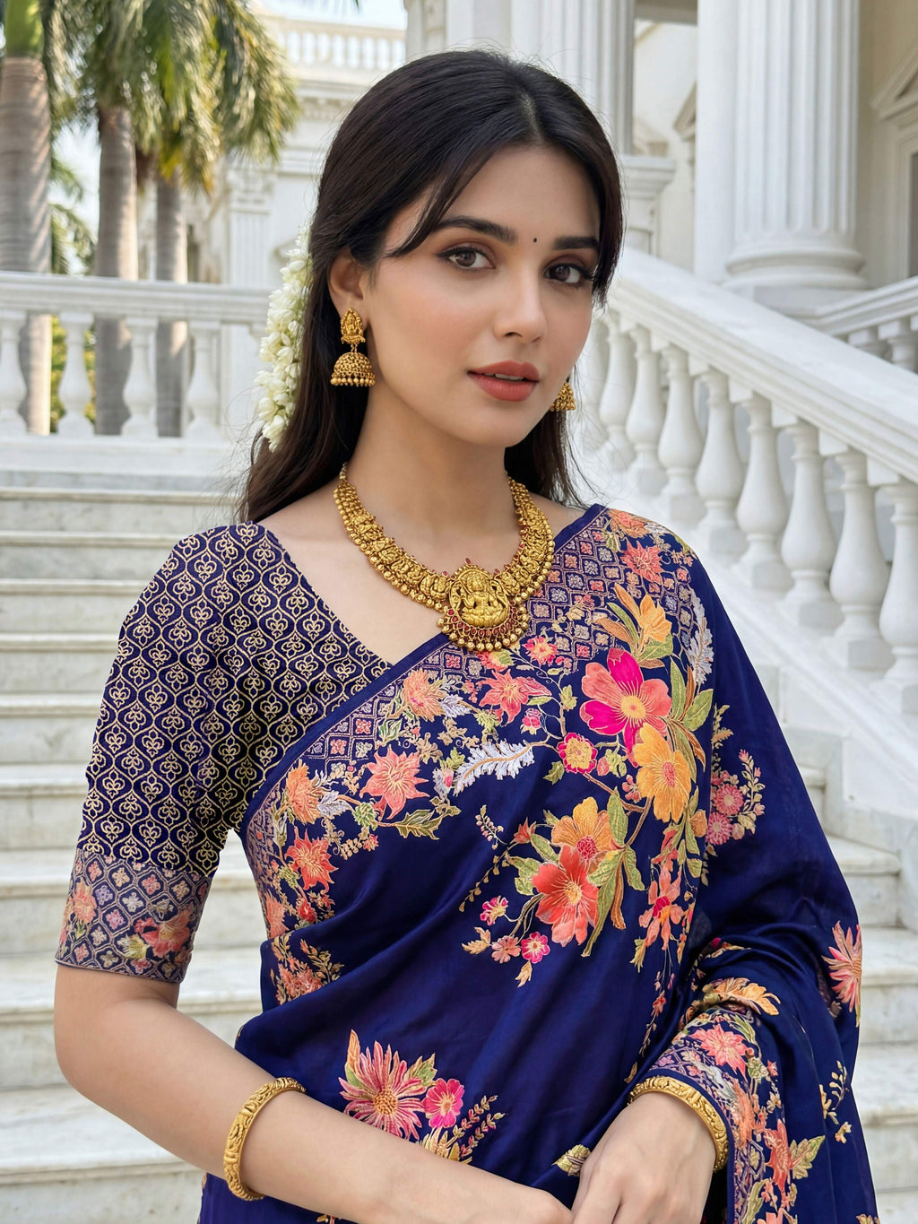 Aastha Fashion Royal Blue Premium Russian Silk Designer Floral Position Print Saree - Distacart