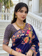 Aastha Fashion Royal Blue Premium Russian Silk Designer Floral Position Print Saree - Distacart