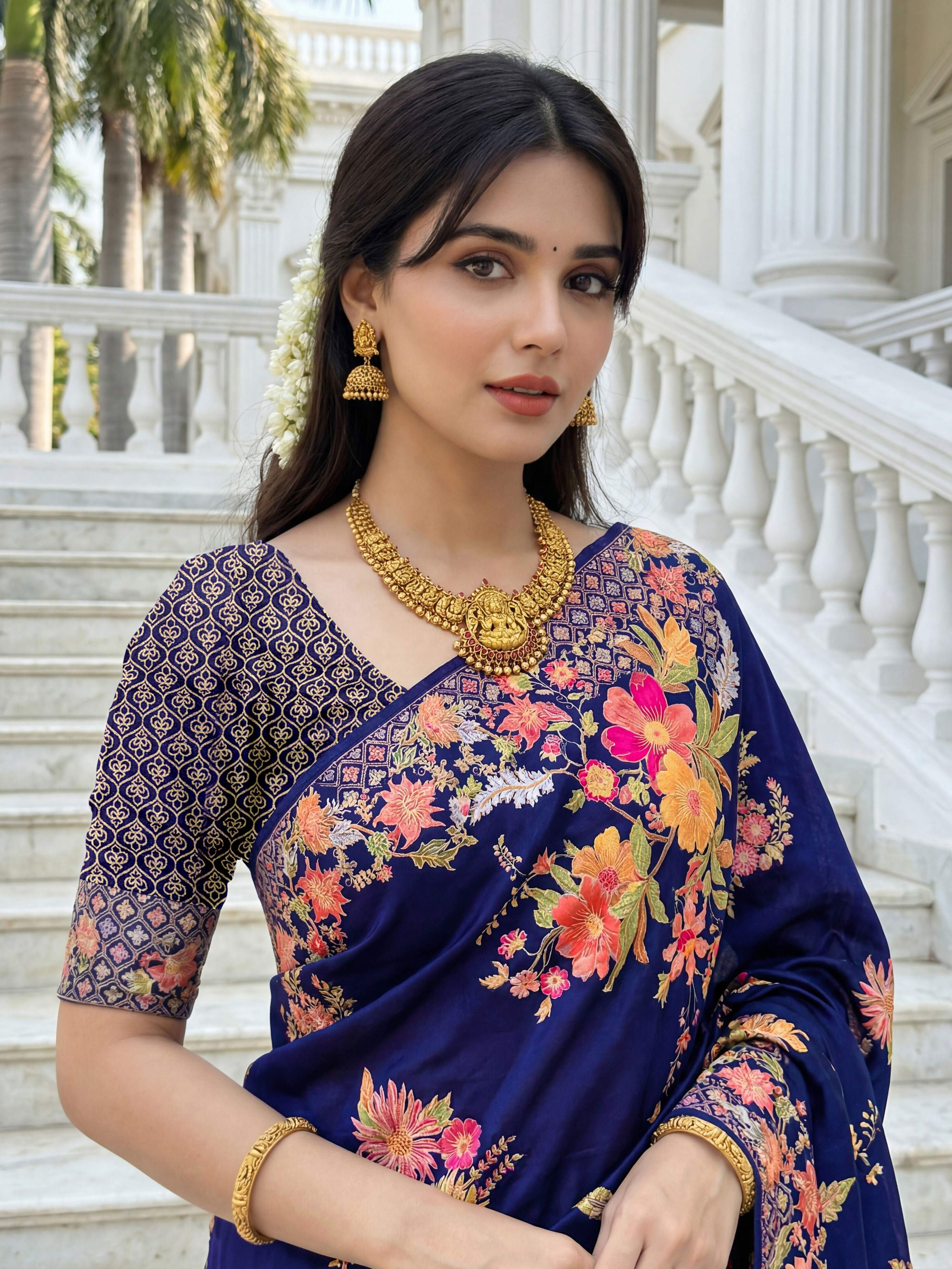 Aastha Fashion Royal Blue Premium Russian Silk Designer Floral Position Print Saree - Distacart