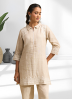 Joban Fashion Beige Linen Embroidered Readymade Cord Set - Distacart
