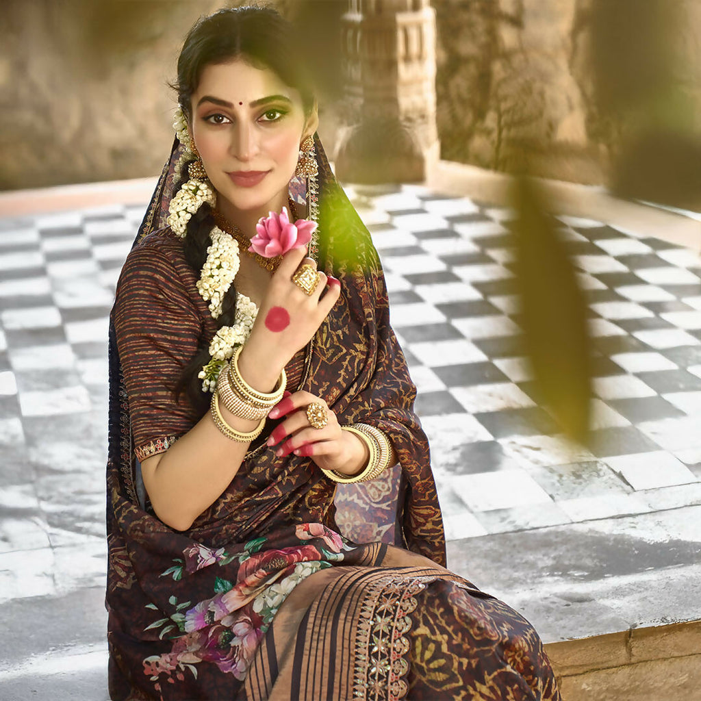Brown Gajji Silk Gota With Minakari Work Saree With Unstitched Blouse - Norita Gajri
