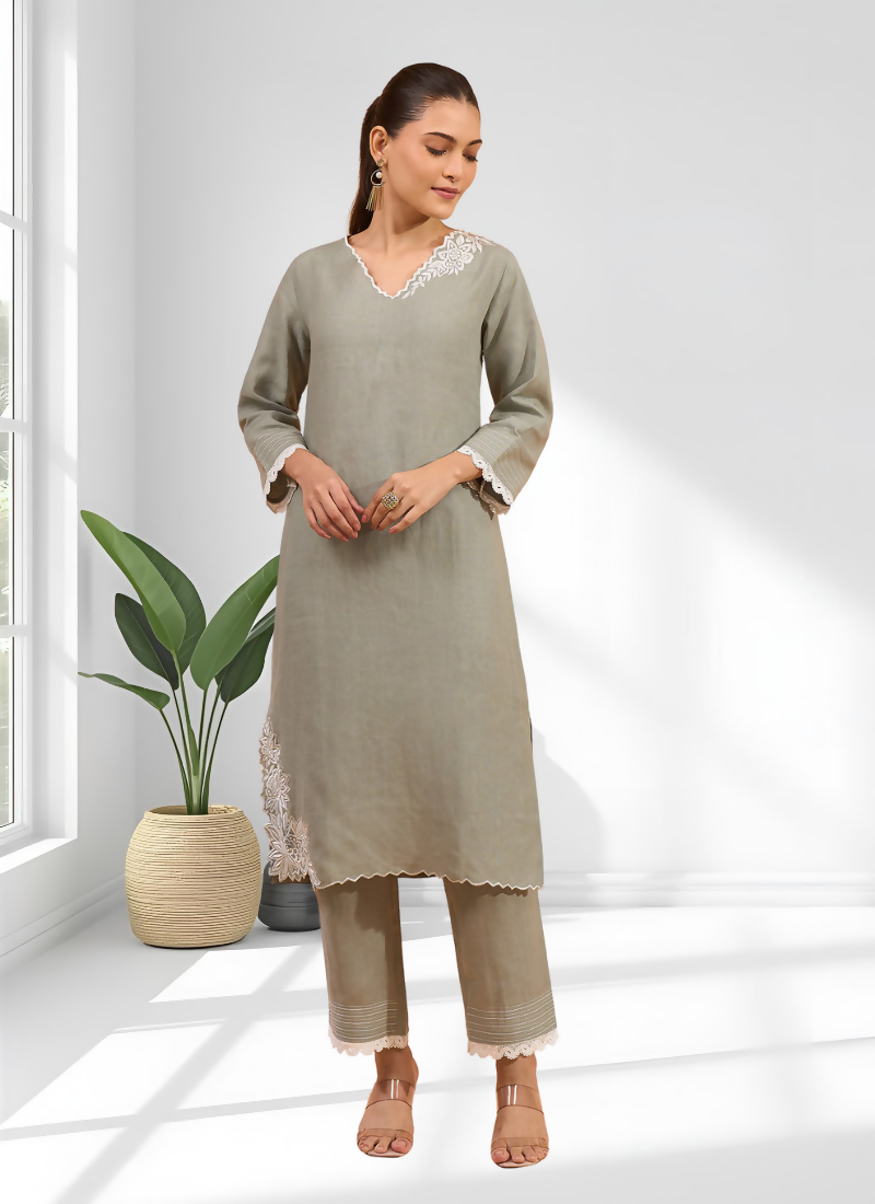 Joban Fashion Gray Linen Embroidered Readymade Long Kurta With Pant - Distacart
