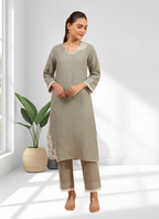 Joban Fashion Gray Linen Embroidered Readymade Long Kurta With Pant - Distacart