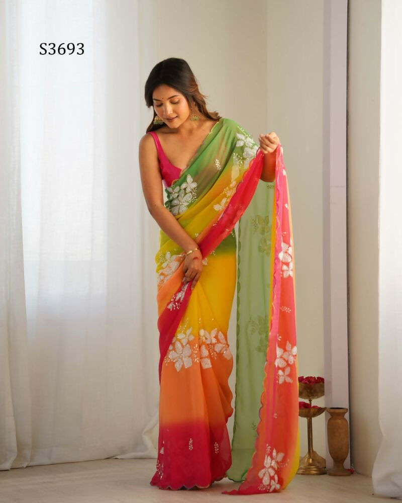 Yellow Georgette Pedding Color, Embroidery Work Party Wear Saree - Erisha