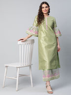 Ahalyaa Women's Light Green Poly Silk Gold Printed Kurta Palazzo Set - Distacart