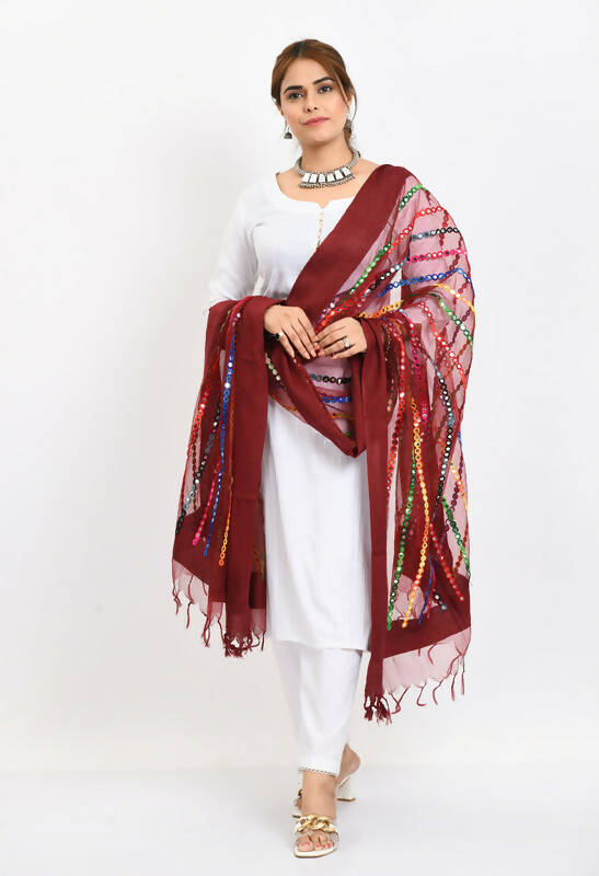 Mominos Fashion Moeza Women's Orgenza Multi Thread Mirror Work Maroon Dupatta - Distacart