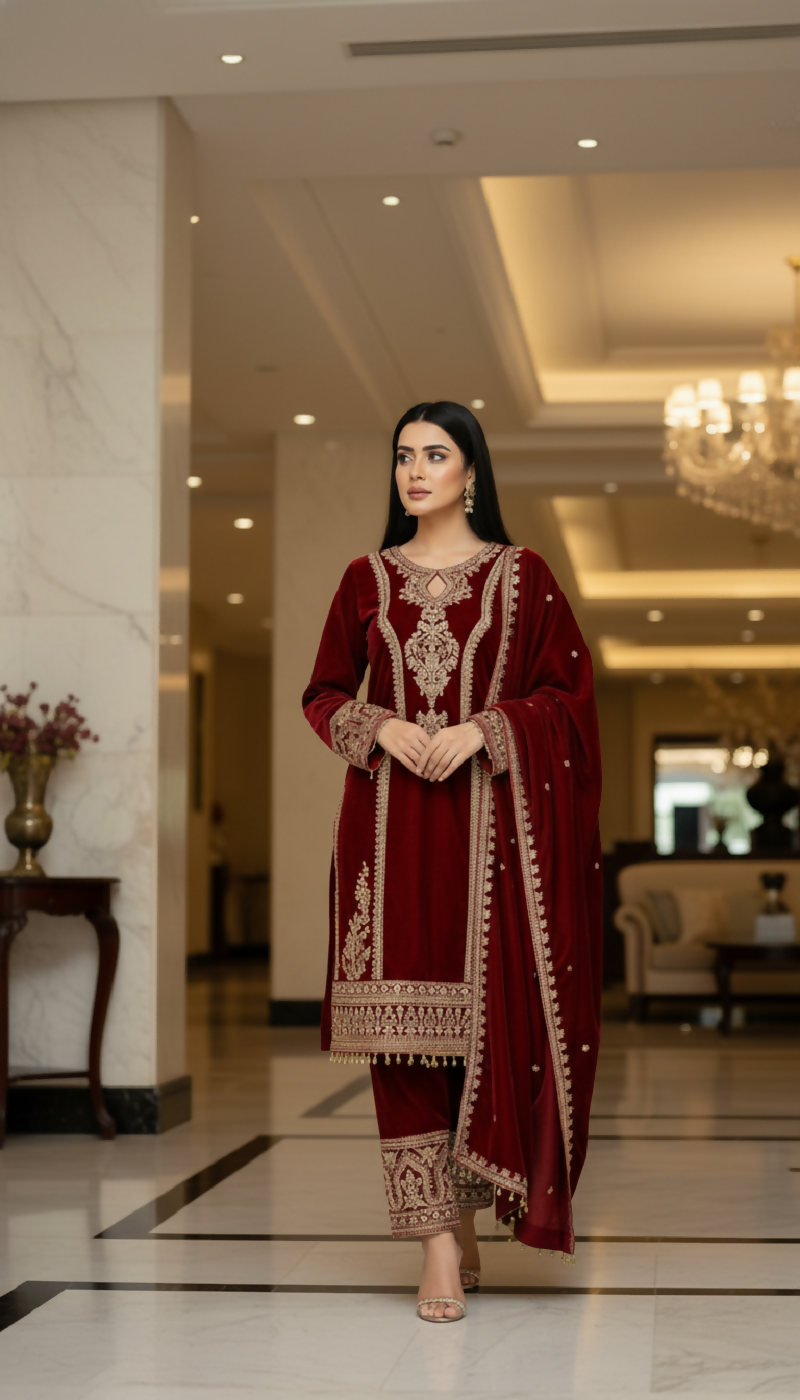 Joban Fashion Maroon Kurta Set Velvet Embroidery Sequence Work - Distacart