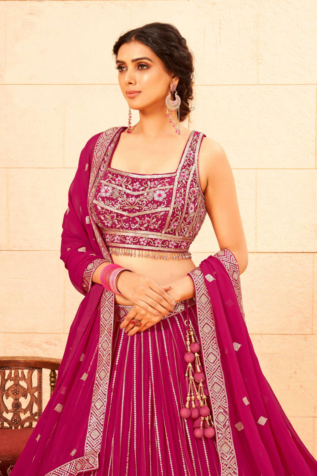 Pink Faux Georgette Embroidery sequence work Lehenga Choli with Dupatta - Dhvani