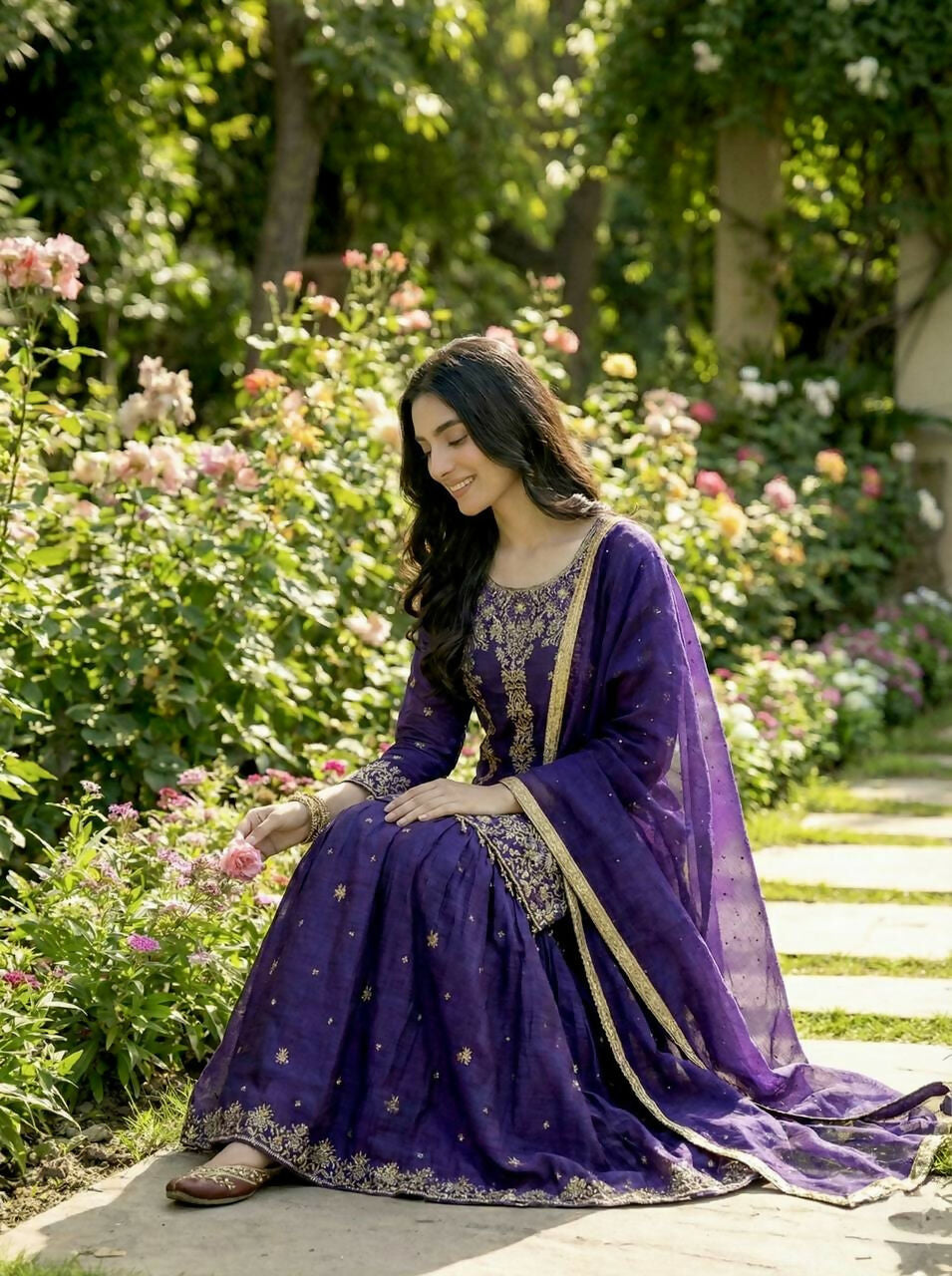 Teeya Creation Purple Gimmy Silk Designer Embroidery Work Wedding Wear Palazzo Pair