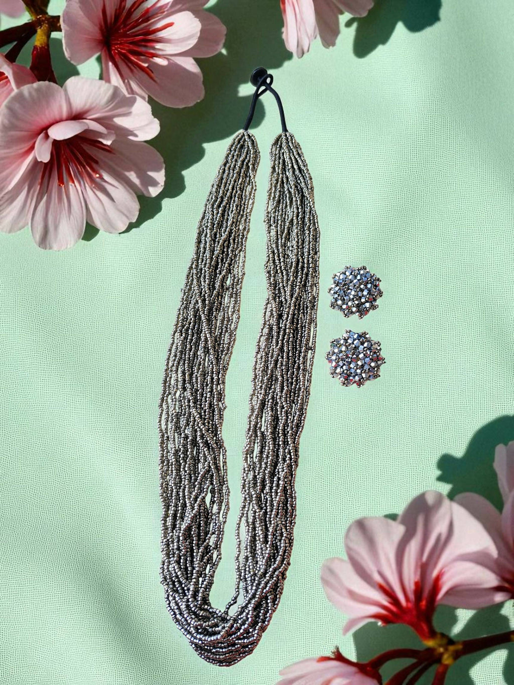 Inhanns Rangsaaz 20-Layer Luxe Long Beaded Necklace (With Optional Statement Earrings) - Silver With Earring