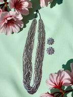 Inhanns Rangsaaz 20-Layer Luxe Long Beaded Necklace (With Optional Statement Earrings) - Silver With Earring