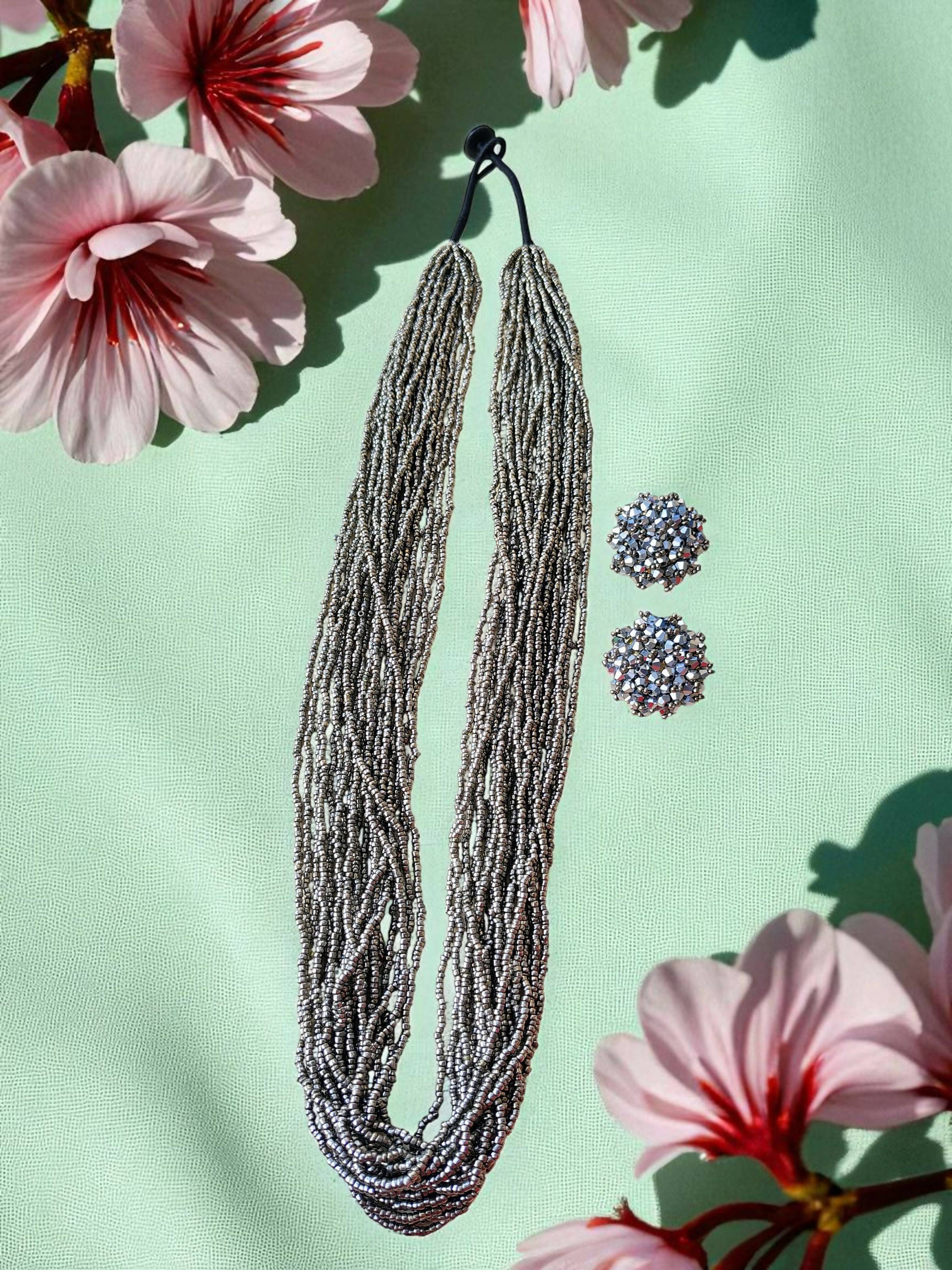 Inhanns Rangsaaz 20-Layer Luxe Long Beaded Necklace (With Optional Statement Earrings) - Silver With Earring