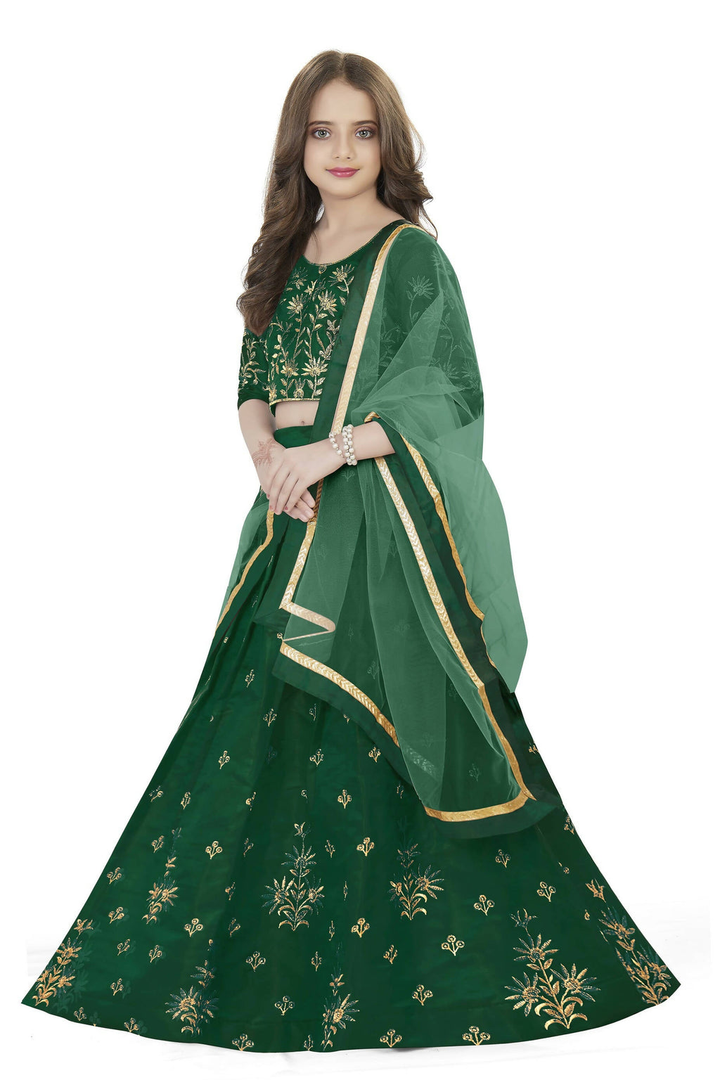 Dwiden Green Rohini Tafetta Sattin Semi-Stitched Girl's Lehenga Choli