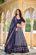 Vastranavya Designer Ikkat Print With Foil Work Lehenga Choli - Navy Blue