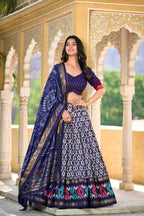 Vastranavya Designer Ikkat Print With Foil Work Lehenga Choli - Navy Blue