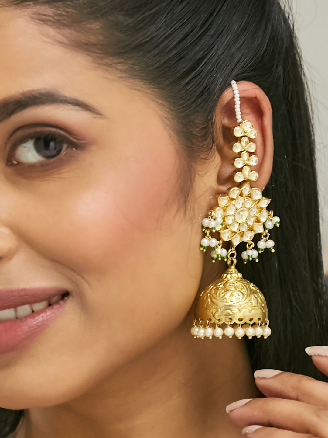 Nuyug 22K Gold-Plated Floral Jhumki Kundan Studded Kanauti Earrings - Distacart