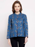 Myshka Women's Blue Cotton Full Sleeve Mandarin Collar Printed Casual Jacket