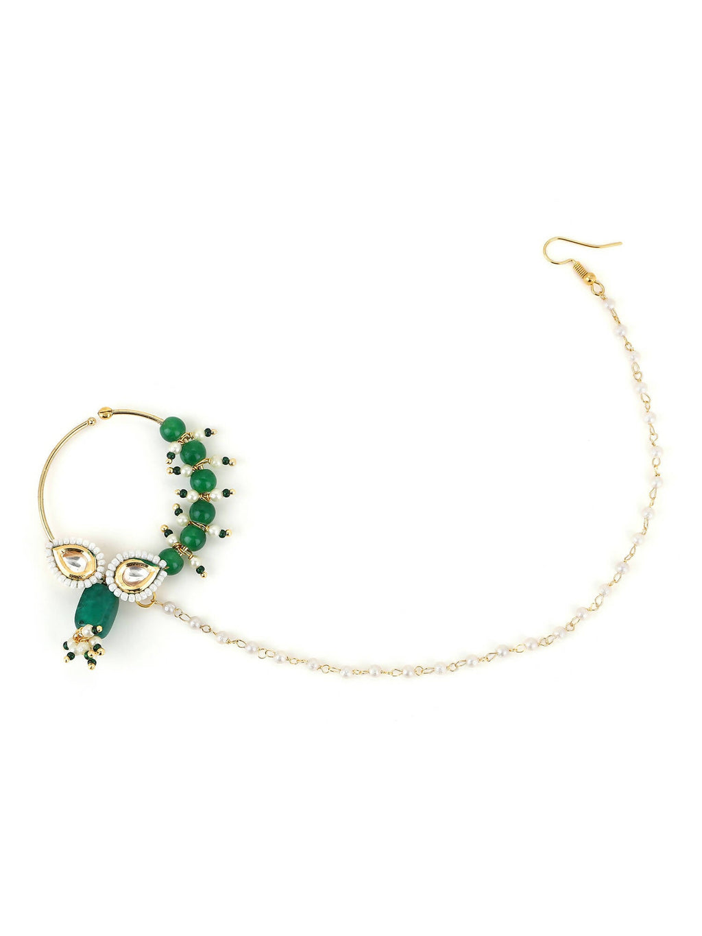 Gold Plated White Green Kundan Studded Beaded Chain Nose Pin - Ruby Raang - Distacart