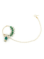 Gold Plated White Green Kundan Studded Beaded Chain Nose Pin - Ruby Raang - Distacart