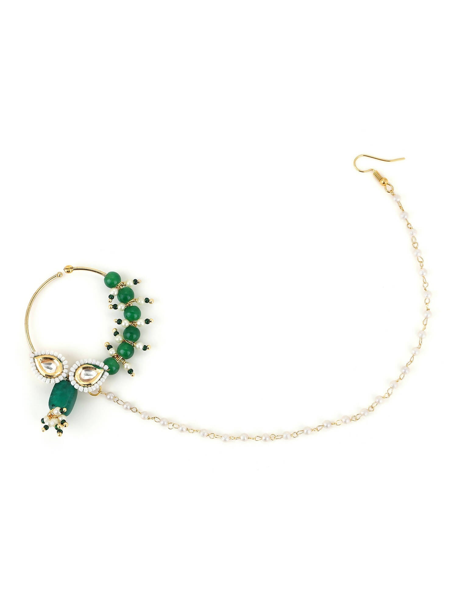 Gold Plated White Green Kundan Studded Beaded Chain Nose Pin - Ruby Raang - Distacart