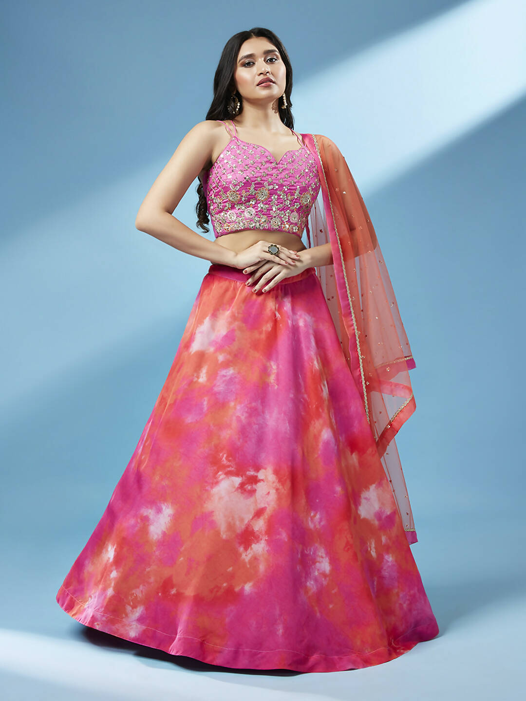 House of Panchhi Orange Organza Shibori Printed Lehenga choli & Dupatta